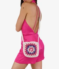 Hot Bosanova Bolso de crochet cuadrado rosa y multicolor