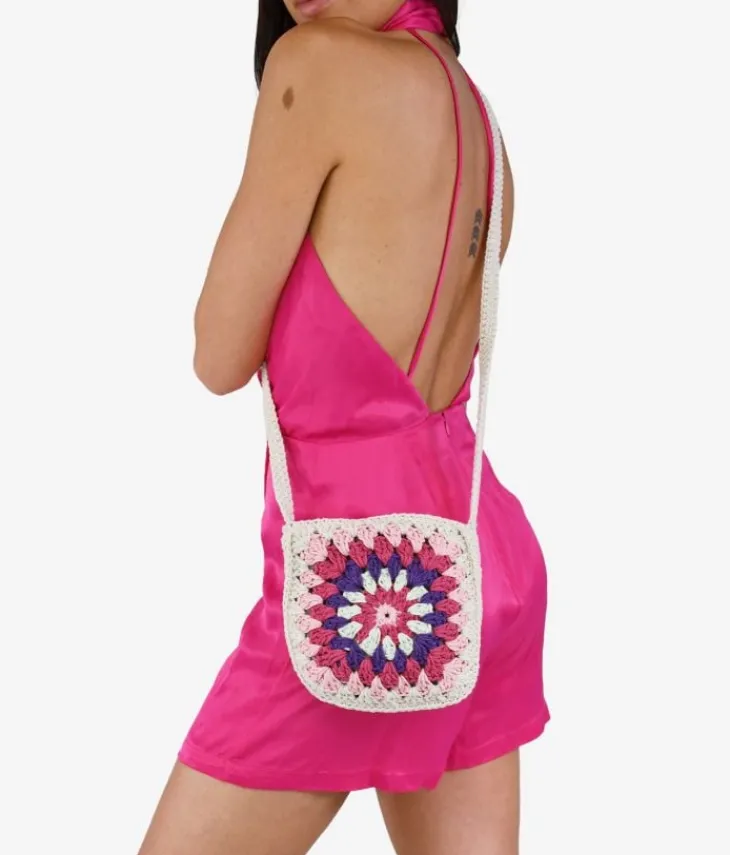 Hot Bosanova Bolso de crochet cuadrado rosa y multicolor