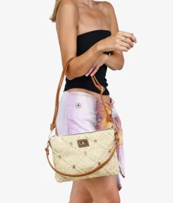 Outlet Bosanova Bolso de rafia beige con tachas y doble asa