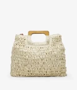 Best Bosanova Bolso de rafia beige con asas de madera