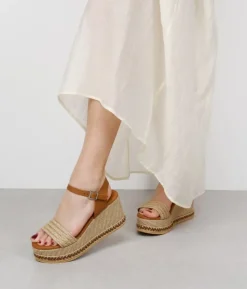 Outlet Bosanova Sandalias marrones en piel con cuña de esparto
