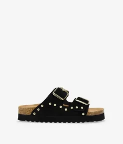 Outlet Bosanova Sandalias negras en piel con hebillas y tachas metálicas