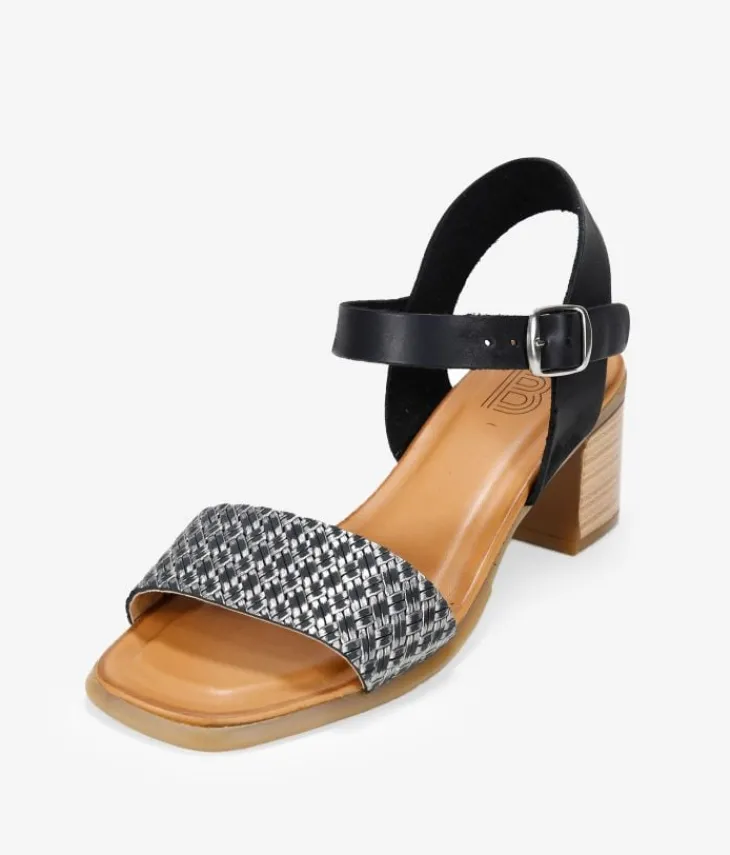 Fashion Bosanova Sandalias negras en piel con tacón efecto madera